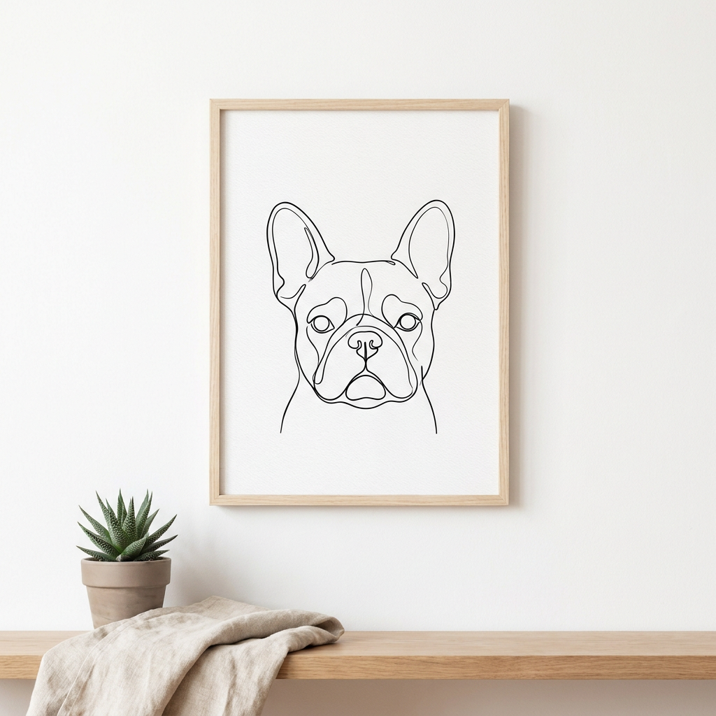 Minimalist line art pet portrait - French bulldog example