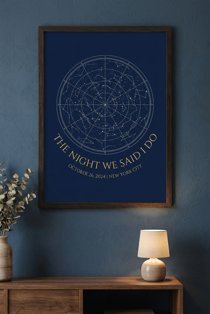 Personalized star map - midnight navy gold wedding anniversary