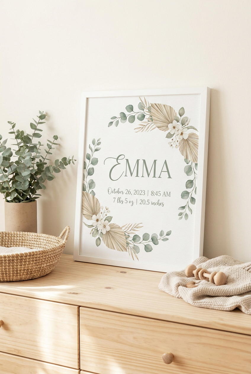 Boho sage birth announcement poster example - baby Emma