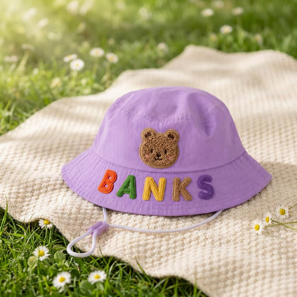 Kids UPF 50+ bucket sun hat with bear patch on a picnic blanket in the grass